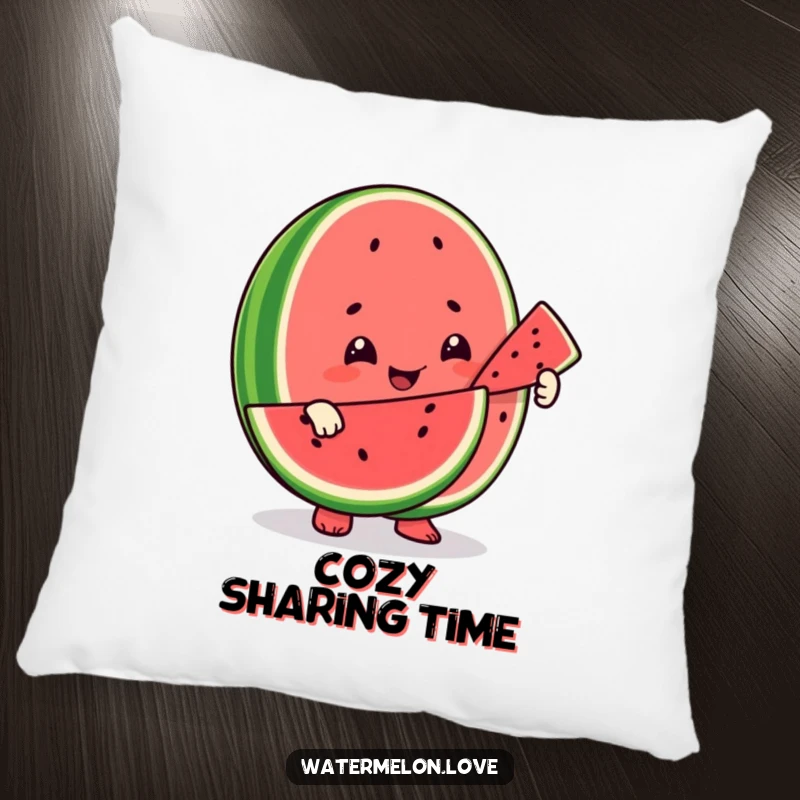 Funny pillow featuring a smiling watermelon character offering a slice to a friend, symbolizing kindness and warm companionship.