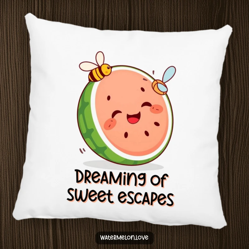 Funny pillow featuring a segmented, giggling watermelon slice humorously chasing a flying bee, a soft and comical addition to any room.