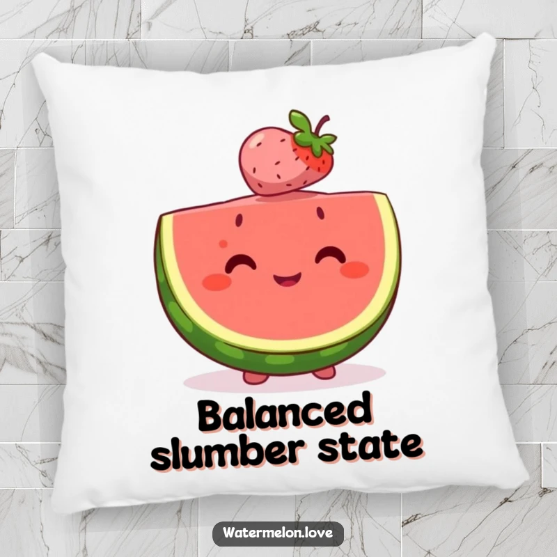 Happy watermelon slice pillow perfectly balancing a tiny, smiling berry on its head, offering comfort and a heartwarming symbol of friendship.