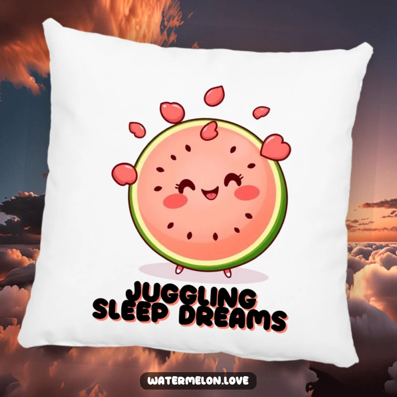 Funny kawaii watermelon slice juggling multiple seeds with a smile, a humorous and soft pillow.