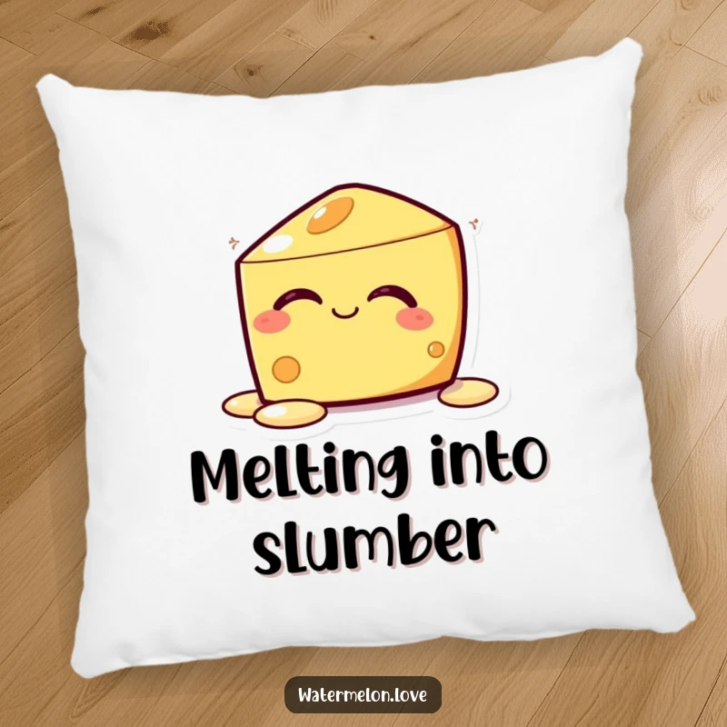 Funny Kawaii Melting Cheese Pillow: A plush pillow featuring a blissfully melting cheese character, offering comfort and cheesy humor.