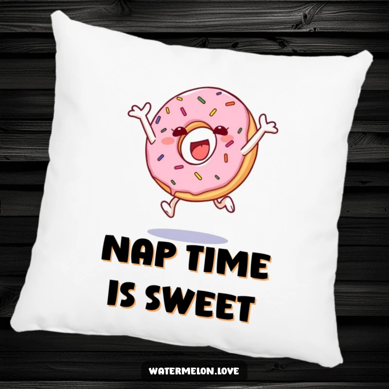 Funny pillow featuring a leaping anthropomorphic donut with sprinkles, for comfortable, joyful lounging.