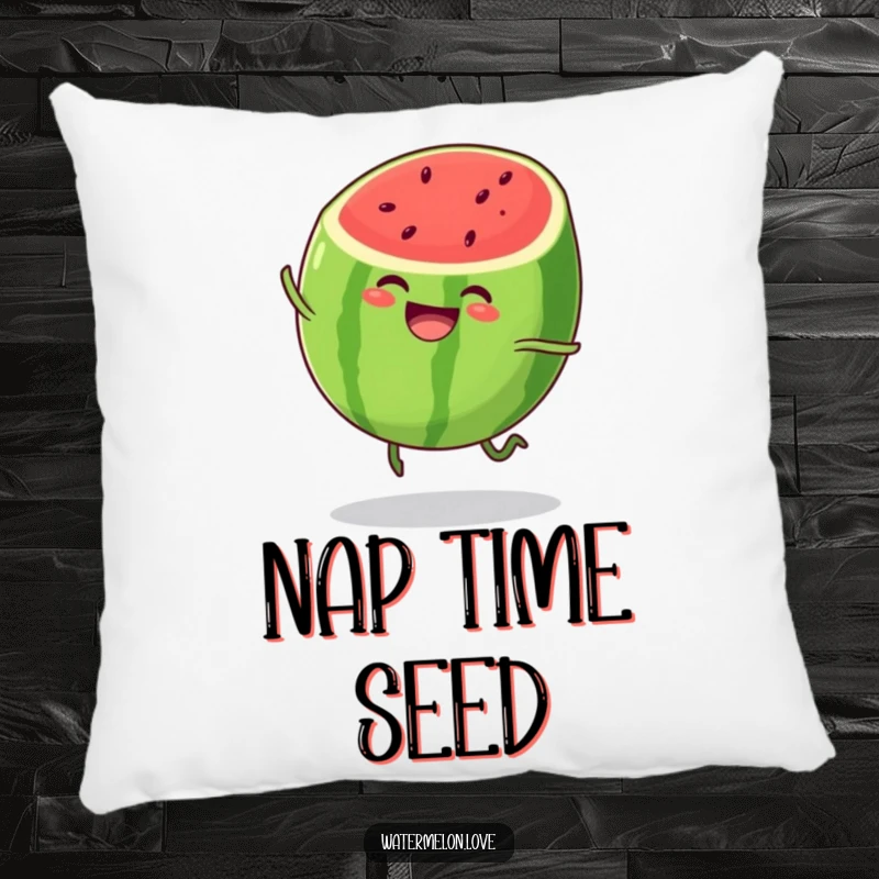Funny watermelon pillow, soft cushion featuring anthropomorphic fruit character bouncing with glee, comfortable and humorous home decor.
