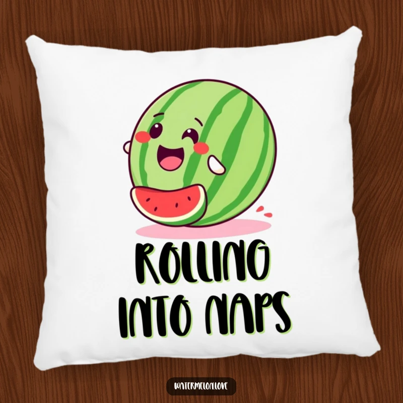 Stylized, happy watermelon pillow capturing a joyful downhill roll with pure glee, offering comfort and a touch of exhilarating fun.