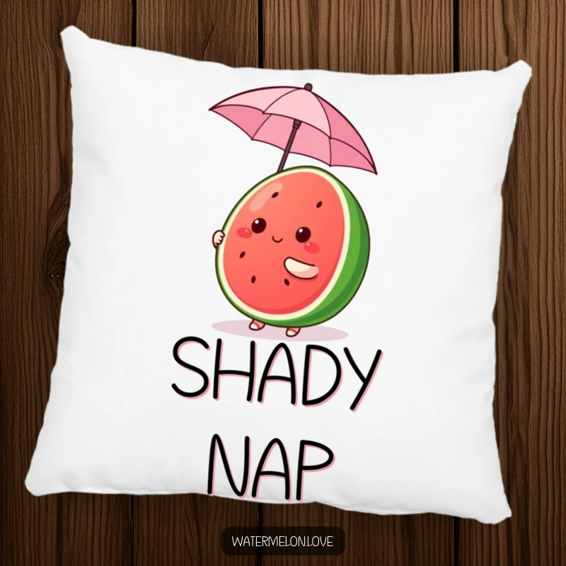 Funny Kawaii Watermelon Pillow, cute fruit character comically balancing a tiny umbrella, soft and funny gift.