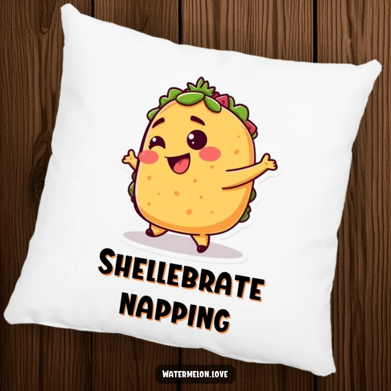 Funny taco pillow, plush cushion with anthropomorphic taco character dancing with delight, soft and humorous home decor.