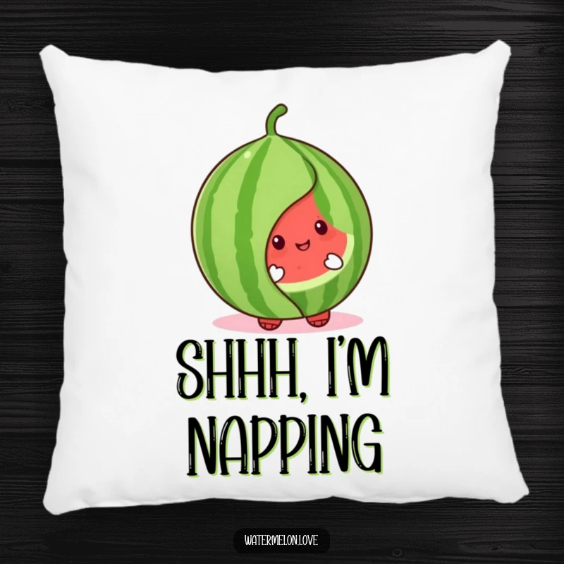 Cute watermelon character pillow peeking from behind a large, friendly leaf, offering comfort and a sweet, playful presence.