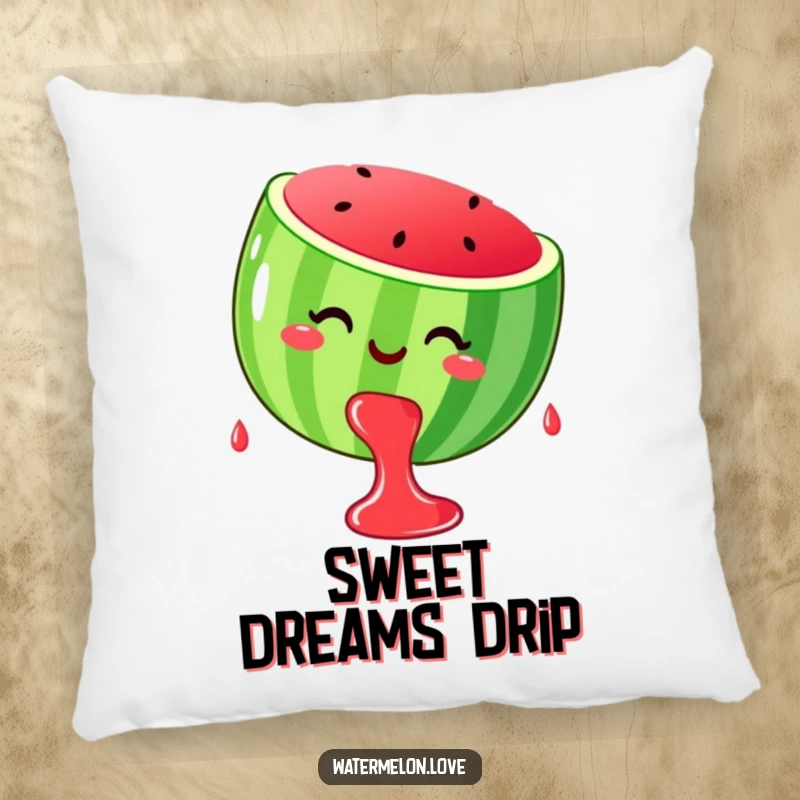 Funny stylized, smiling watermelon dripping happy juice drops, depicted on a soft decorative pillow.