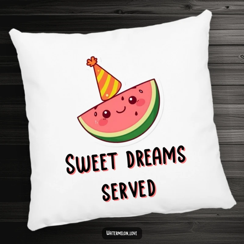 Funny Kawaii watermelon slice pillow wearing a party hat and cheering, offering soft, festive comfort.