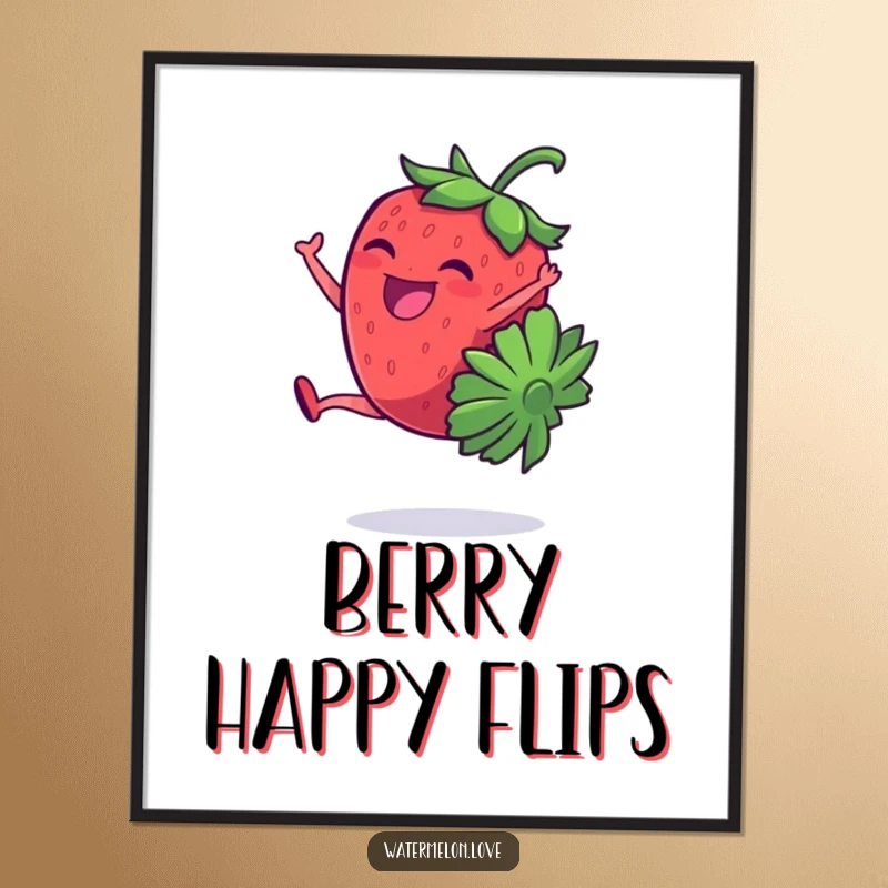 High-resolution digital art print of a funny, giggling anthropomorphic strawberry doing a cartwheel with infectious energy.