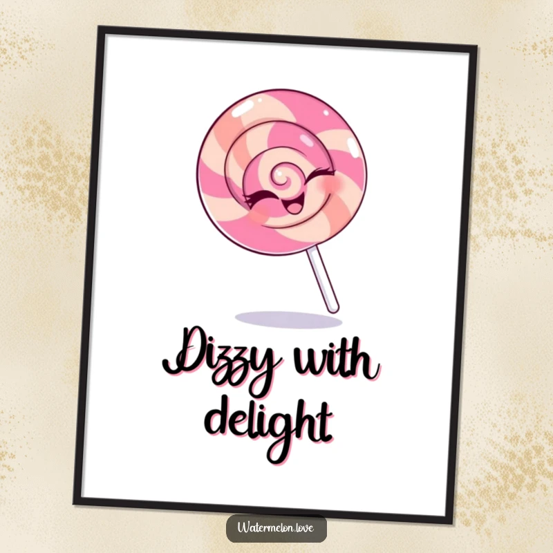 Funny digital art print of a winking anthropomorphic lollipop spinning happily, perfect for adding instant sweet charm and playfulness.