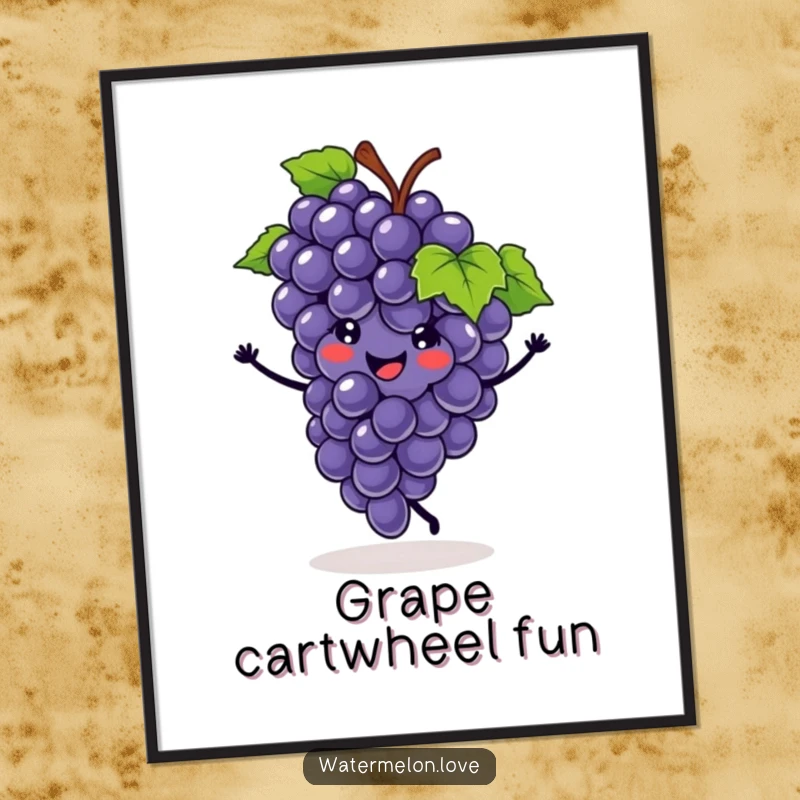 Funny digital art print of a smiling grape cluster doing a cartwheel, whimsical fruit illustration, instant humorous wall decor.