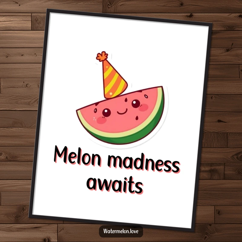 Funny Kawaii watermelon slice digital art print with a party hat, cheering joyfully, adding festive humor to decor.