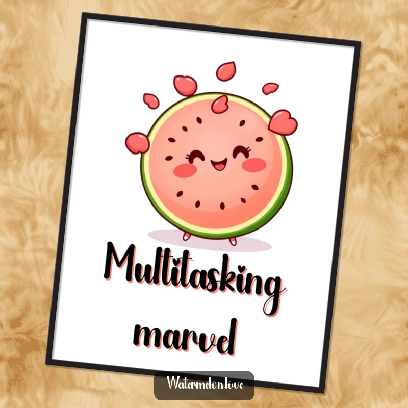 Funny kawaii watermelon slice juggling multiple seeds with a smile, a humorous and skillful digital art print.