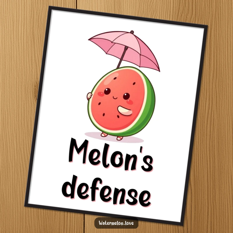 Funny Kawaii Watermelon Digital Art, cute fruit character comically balancing a tiny umbrella, cheerful and funny instant gift.