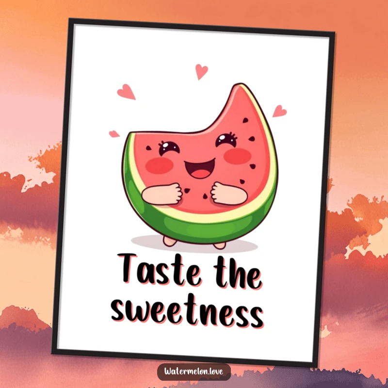Funny kawaii watermelon slice digital art print, smiling and giving a big juicy hug, vibrant and cheerful artwork.