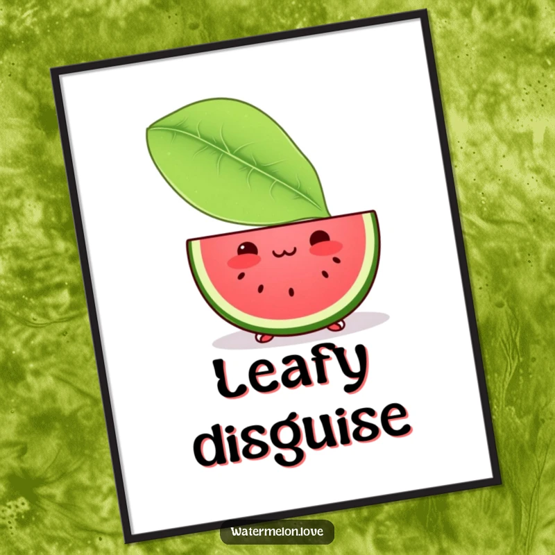 Funny digital art print of a blushing Kawaii watermelon slice peeking from behind a large leaf, conveying sweet shyness for instant decor.
