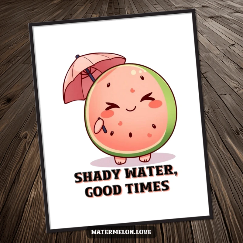 Funny Kawaii watermelon slice digital art print winking and holding a tiny umbrella, adding mischievous humor to decor.