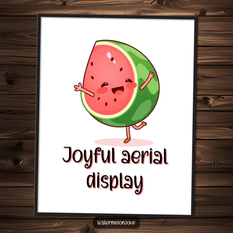 Funny watermelon cartwheel digital art print, a dynamic and joyful fruit wedge performing a gymnastic feat.