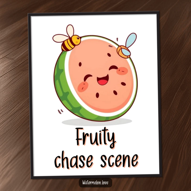 Funny digital art print of a giggling segmented watermelon slice playfully chasing a flying bee, a joyful and humorous digital illustration.