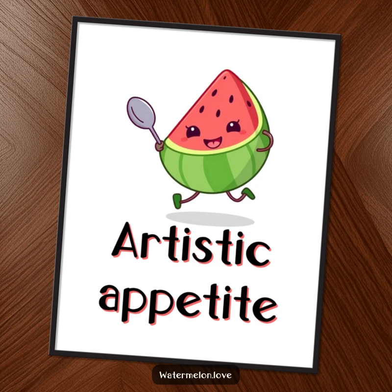 Funny digital art print of a kawaii watermelon slice, grinning cheekily and running with a giant spoon, an instant downloadable humorous graphic.