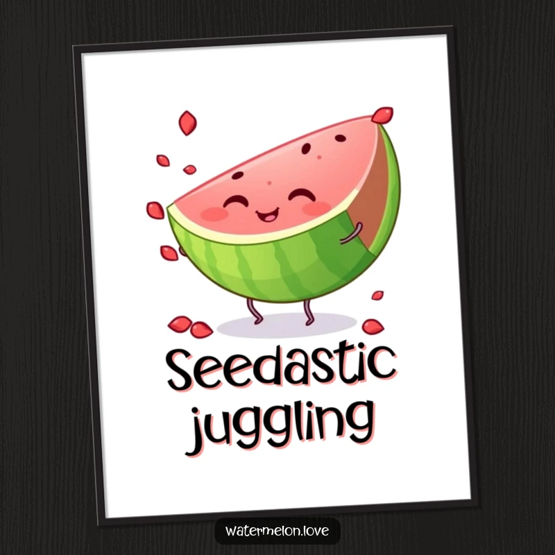 Funny watermelon digital art print, a smiling slice with small legs, enthusiastically juggling seeds, ready for instant download.
