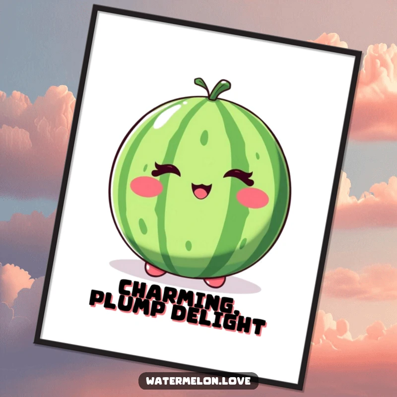 Funny winking watermelon digital art print, a whole fruit character with a playful wink and lively bounce.