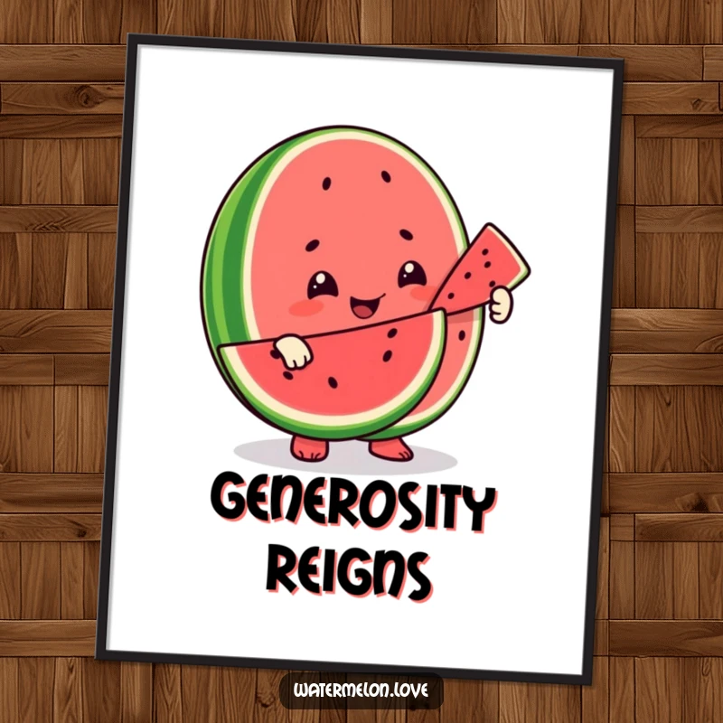 Funny digital art print of a smiling watermelon character offering a slice to another fruit, celebrating friendship and generosity digitally.