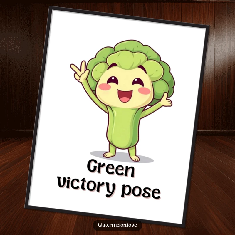 Funny Digital Art: Broccoli floret in a victory pose, motivational health illustration, instant download funny gift.
