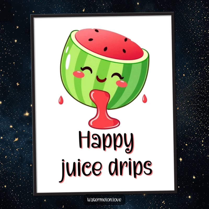 Funny stylized, smiling watermelon dripping happy juice drops, as a downloadable digital art print.