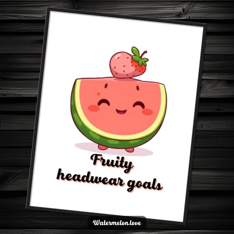 Happy watermelon slice digital art print balancing a tiny, smiling berry on its head, symbolizing beautiful friendships and delightful moments.
