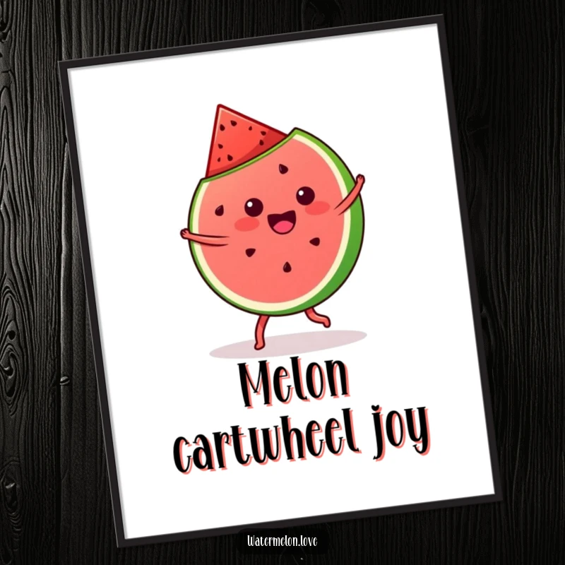 Funny digital art print of a kawaii watermelon slice doing a cartwheel with glee, perfect for vibrant decor.