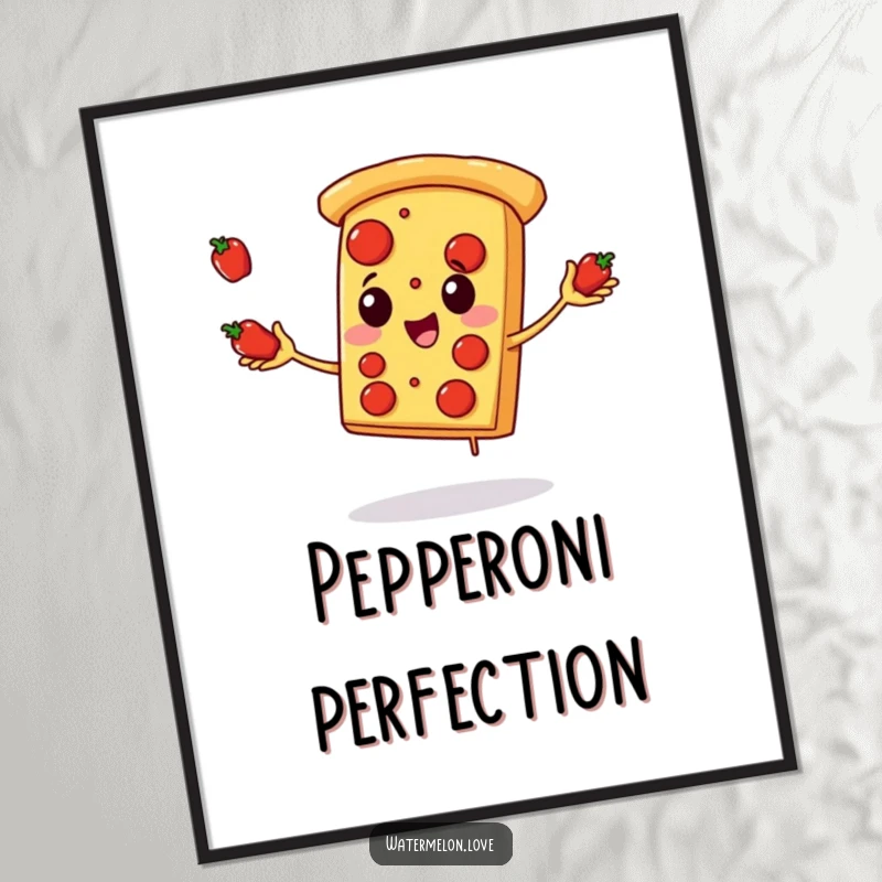 Funny pizza digital art print, cheerful artwork of anthropomorphic pizza slice juggling pepperoni with elation, vibrant and appetizing decor.