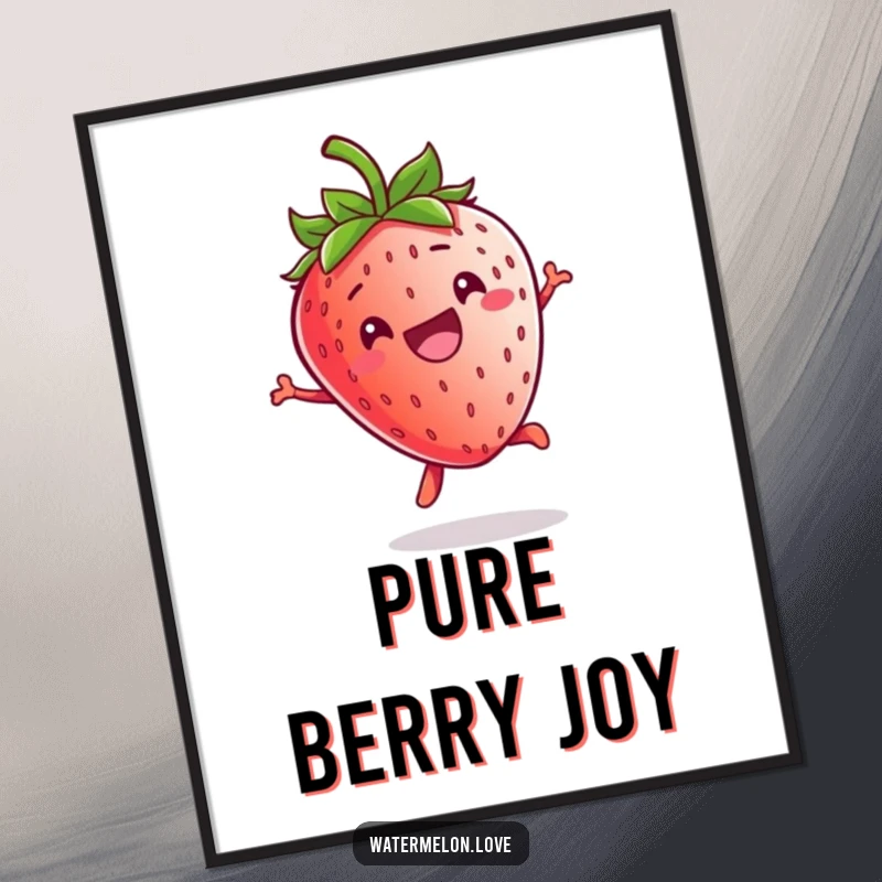 Funny Kawaii Strawberry Digital Art Print: A lively strawberry character in a joyful jump, offering instant cheer and playful vibes.