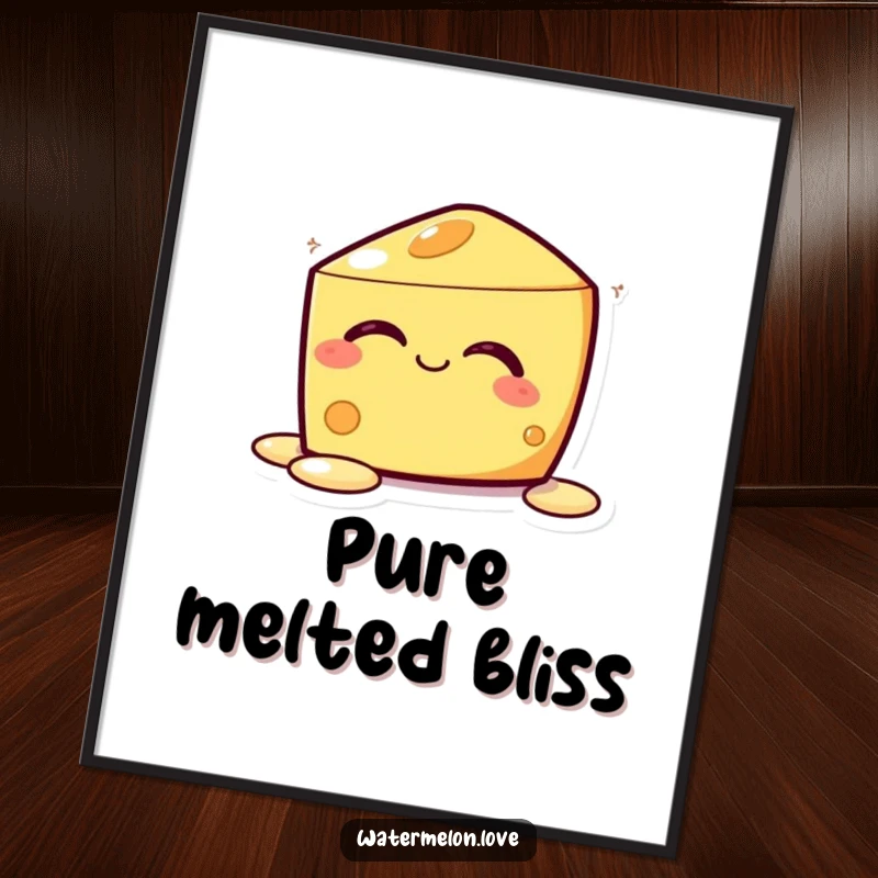 Funny Kawaii Melting Cheese Digital Art Print: A cheese character blissfully melting with eyes closed, bringing instant relaxing vibes.