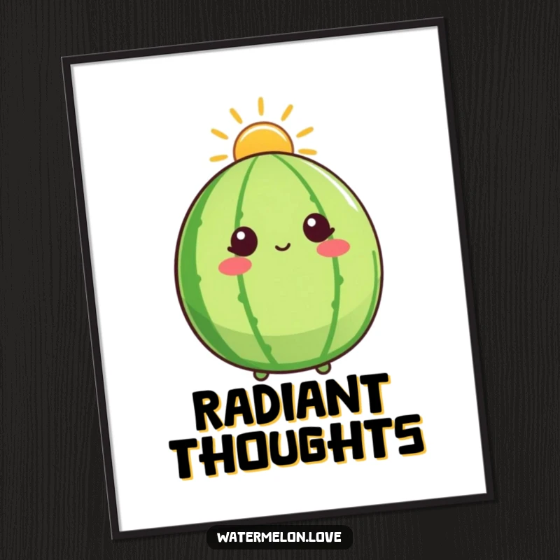 Funny digital art print of a watermelon character with a sunshine halo, looking up, embodying hope and radiant positivity digitally.