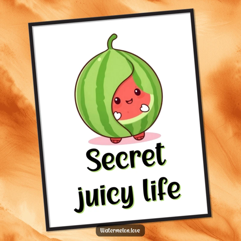 Cute watermelon character digital art print peeking from behind a large, cheerful leaf, creating a heartwarming and playful visual.