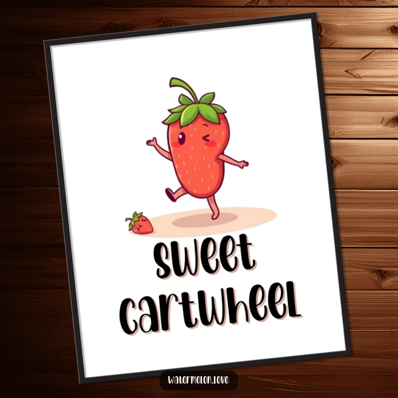 Funny strawberry digital art print, energetic artwork of anthropomorphic fruit doing a cartwheel, cheerful and modern.