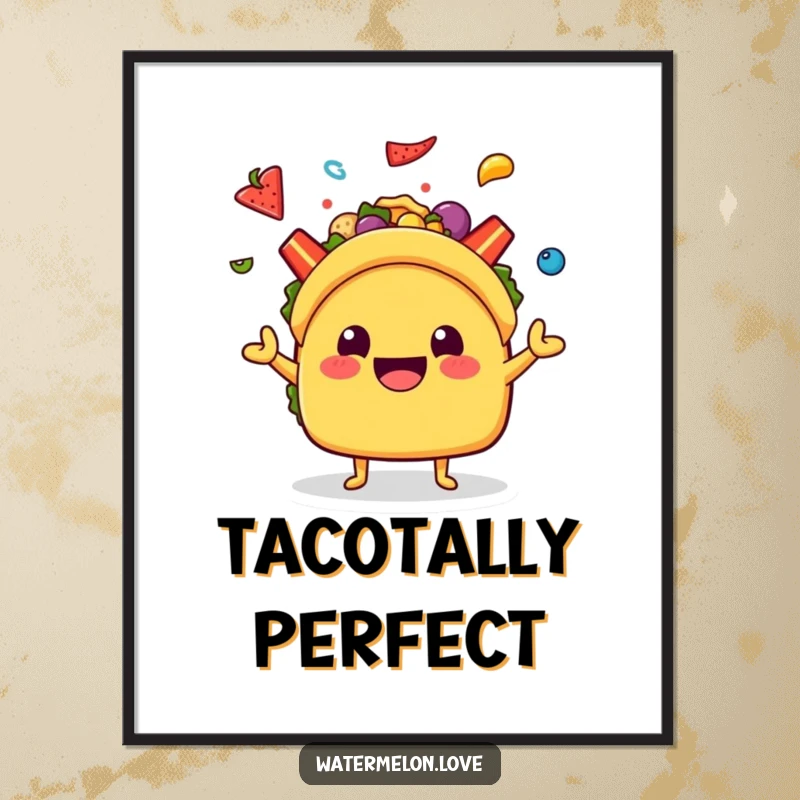 Funny Kawaii Taco Digital Art Print: A smiling taco character juggling colorful toppings, bringing instant festive vibes and humor.
