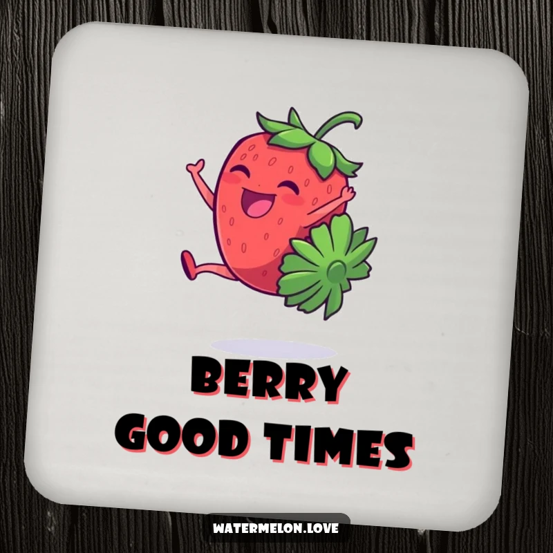 Coaster featuring a funny, giggling strawberry character doing a cartwheel, adding playful humor to your table.