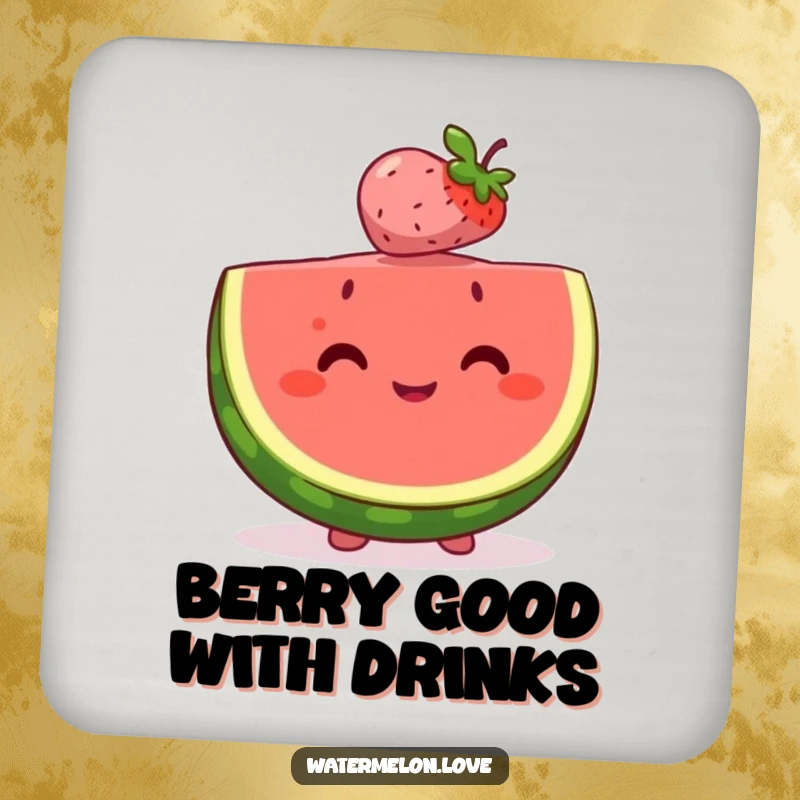 Happy watermelon slice drink coaster perfectly balancing a tiny, smiling berry on its head, offering sweet protection and charm.