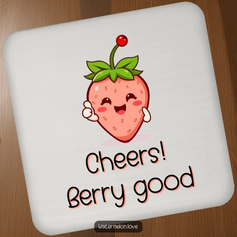Funny Strawberry Coaster with a cherry on top, giving a thumbs up, adding cheerful protection to surfaces.