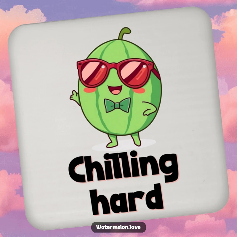 Funny coaster with a cheerful Kawaii watermelon wearing sunglasses and a bowtie, striking a pose, adding dapper humor to any table.