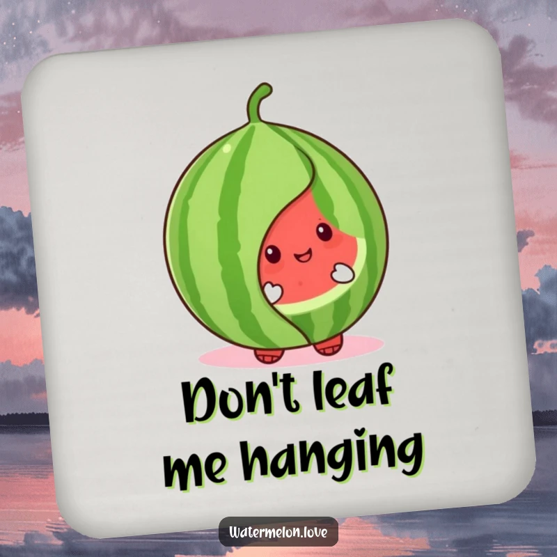 Cute watermelon character drink coaster peeking from behind a cheerful leaf, offering playful protection and adding adorable charm to any table.