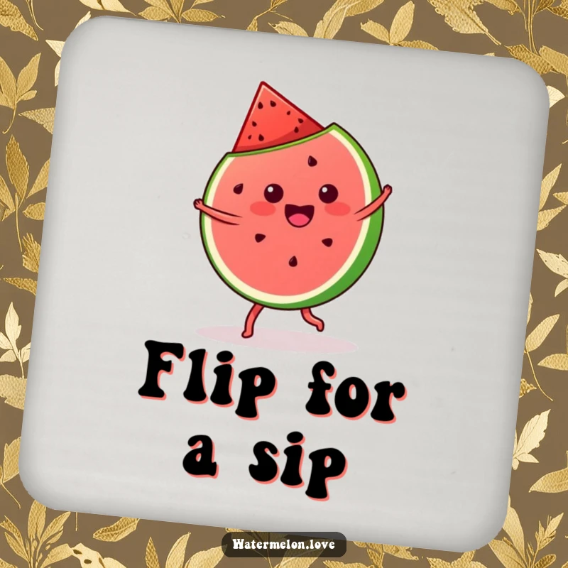 Funny kawaii watermelon slice doing a cartwheel on a humorous drink coaster, protecting surfaces with style.