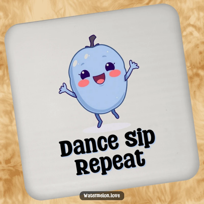 Funny Blueberry Coaster with a delighted berry doing a little jig, adding energetic and humorous protection.