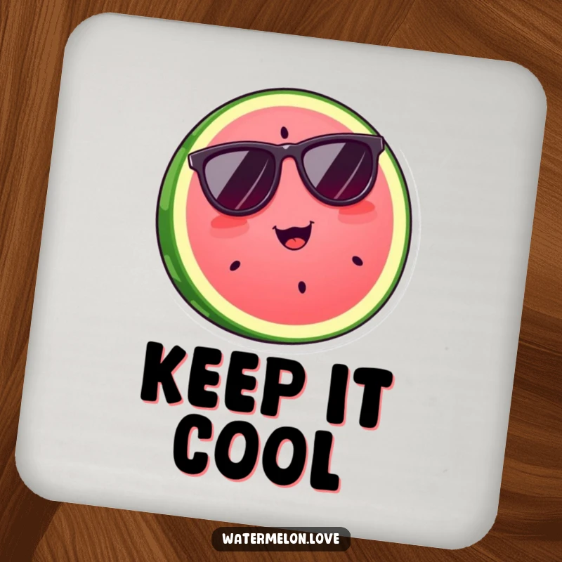 Funny watermelon slice wearing cool sunglasses, featured on protective drink coasters, a stylish and humorous gift.