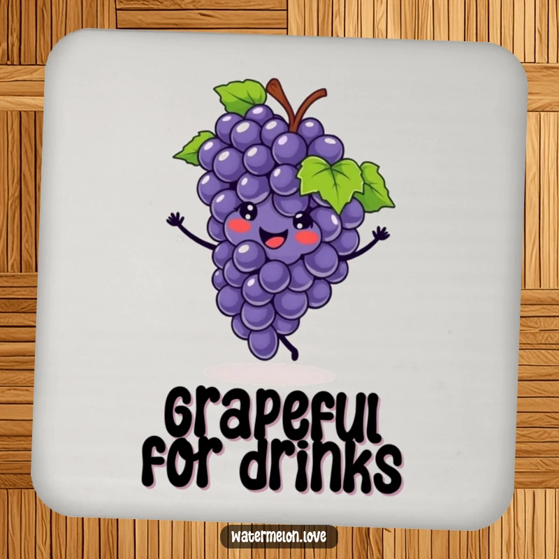 Funny drink coaster with a smiling grape cluster doing a cartwheel, protecting surfaces with a dash of fruity, athletic humor.