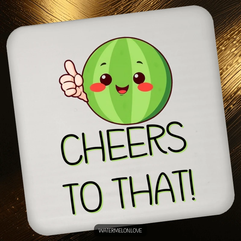 Funny watermelon character with green rind giving a happy thumbs-up, featured on protective drink coasters, a cheerful and humorous gift.