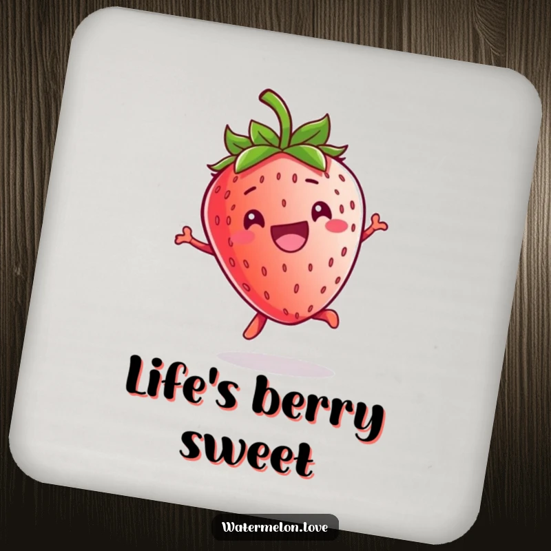 Funny Kawaii Strawberry Coaster: A happy strawberry character doing a jump, protecting your surfaces with a grin.